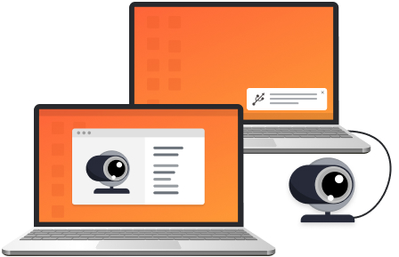 Dos ordenadores portátiles, uno con una cámara web conectada y el otro mostrando la cámara web y su configuración.