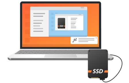 Un disco SSD connesso ad un computer tramite cavo USB.